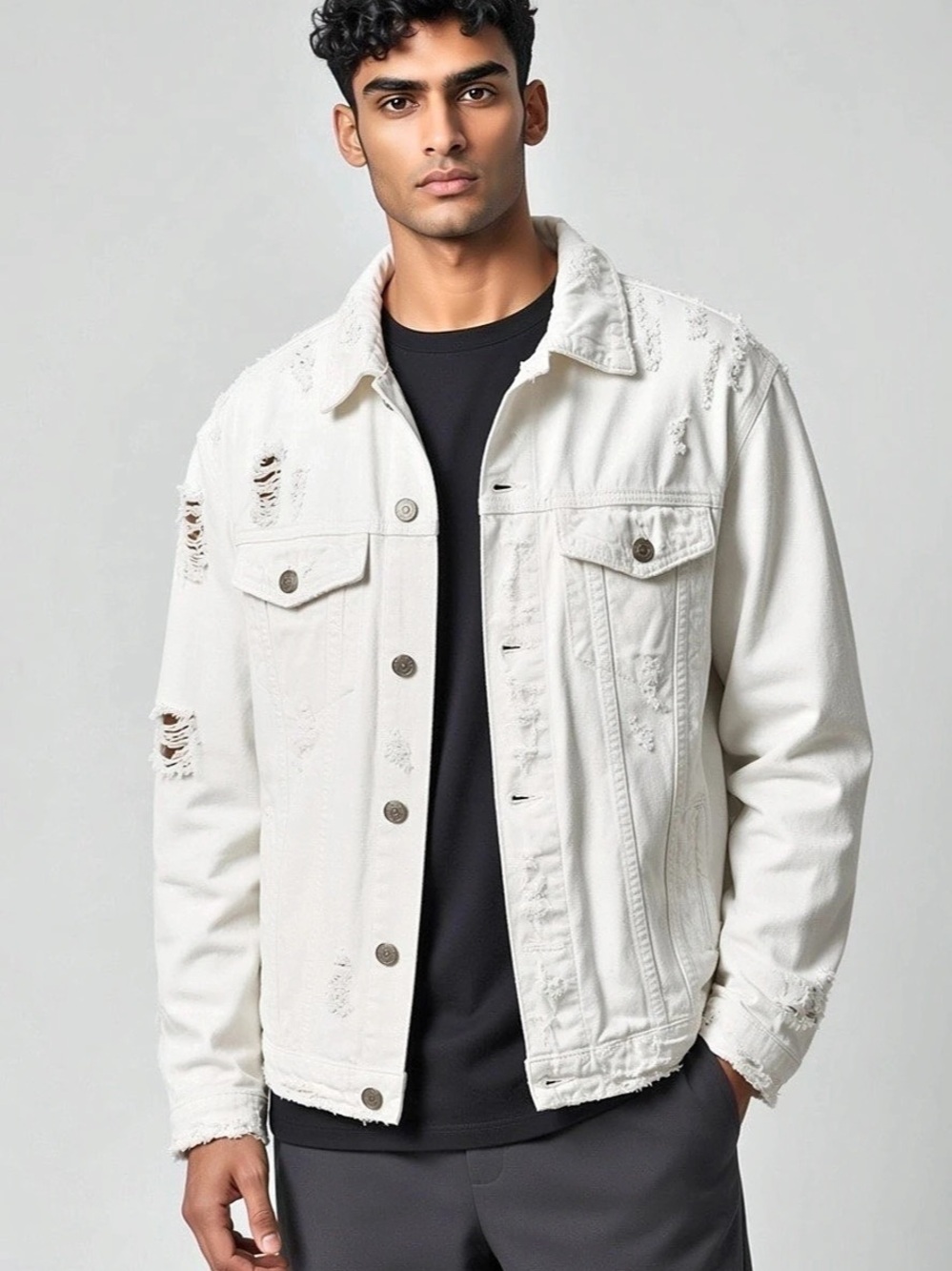 Zara White Distressed Denim Jacket Size XL